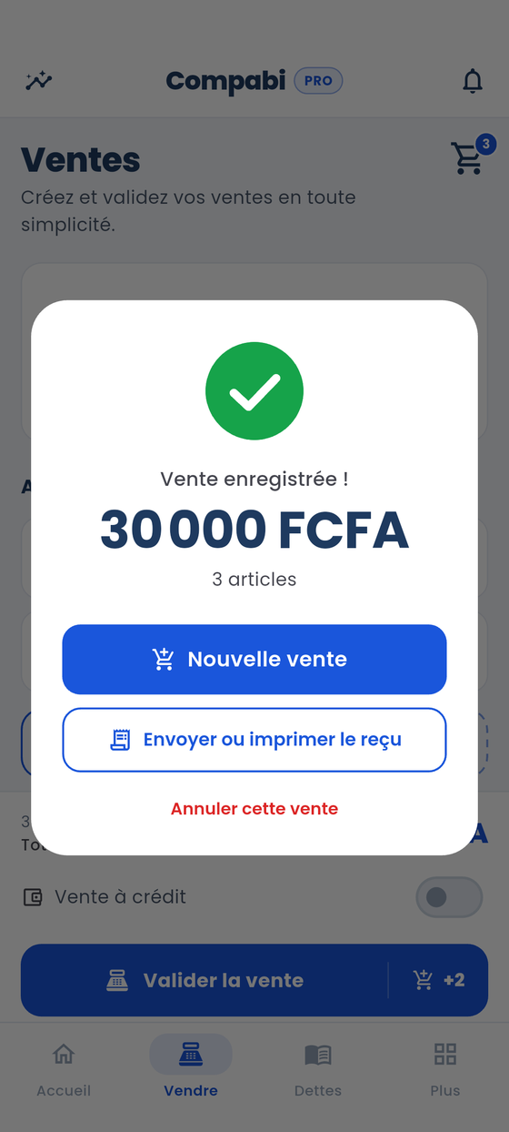 Vente enregistrée dans Compabi